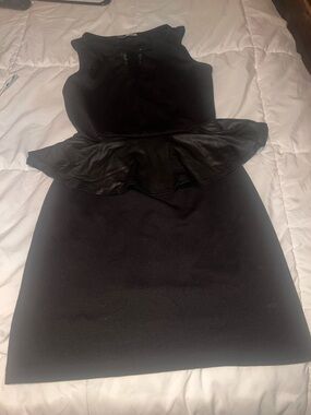 Misope Black Peplum Faux-Leather Trim Mini Dress